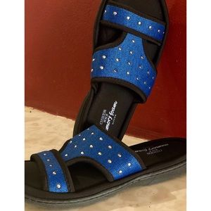 Sandals black and royal blue.